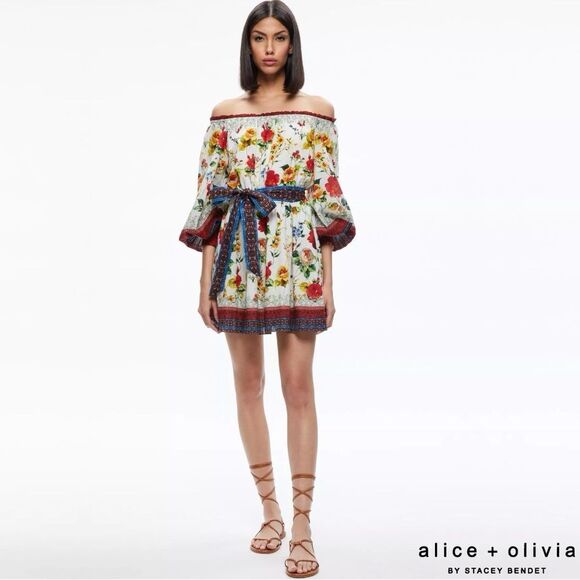 Alice + Olivia **NWT** Mary Off Shoulder Tie Belt Dress Dew Floral - Picture 4 of 8